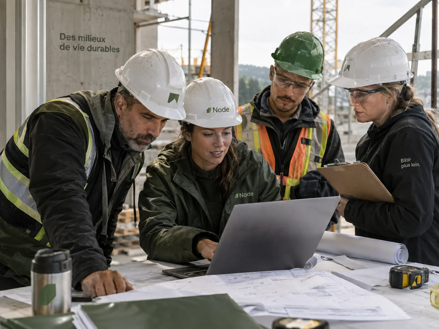 Une équipe de chantier consulte un ordinateur et des plans de construction.