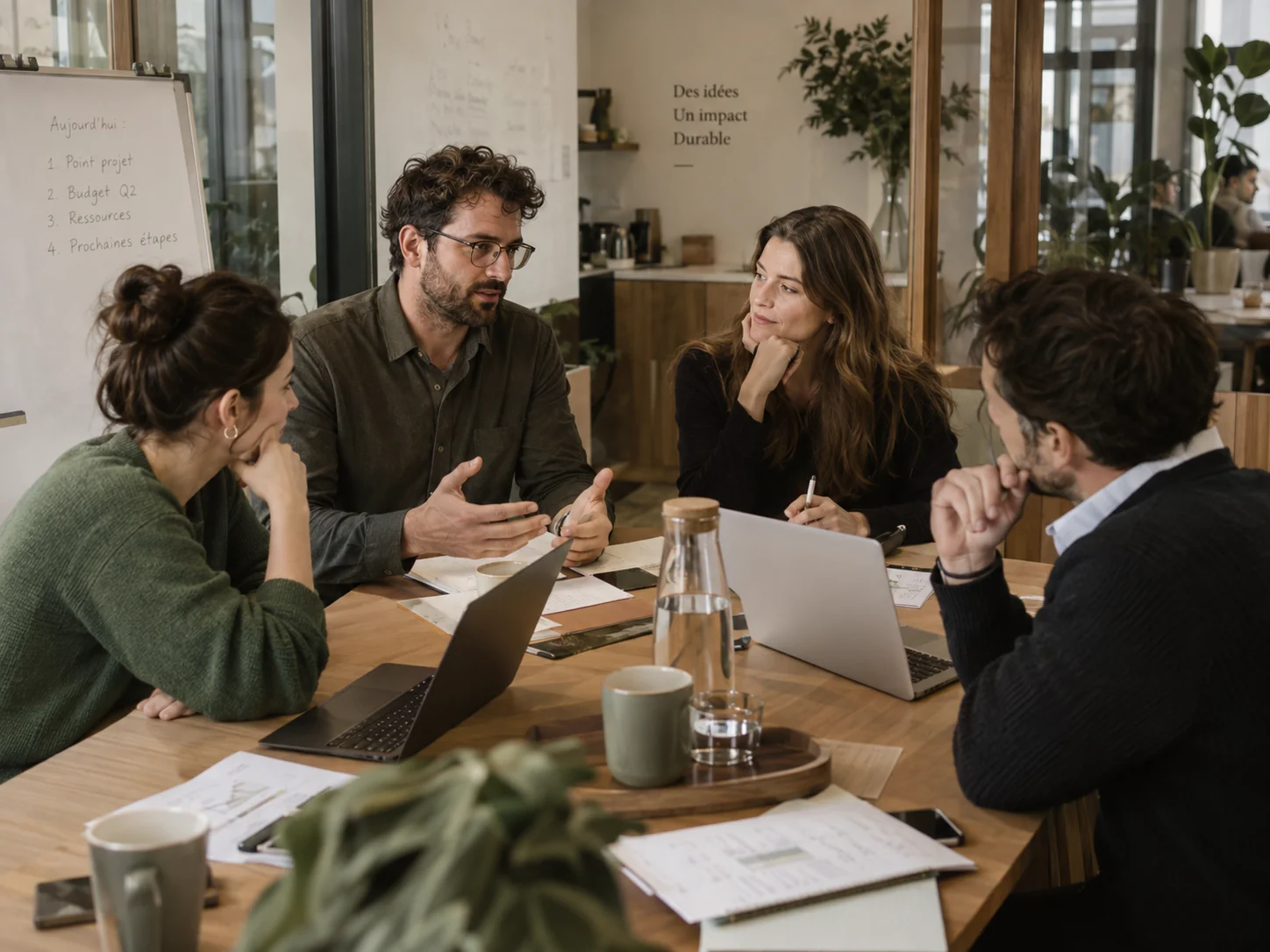 Quatre personnes échangent sur les priorités d’un projet autour d’une table de travail.