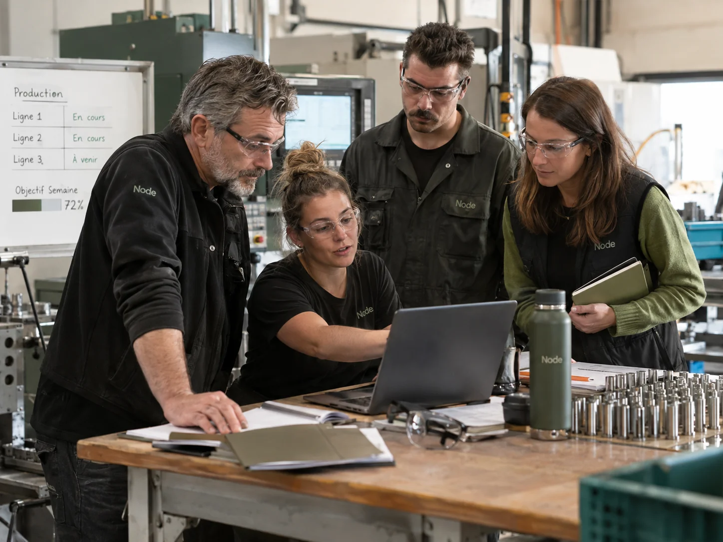 Quatre personnes suivent la production sur un ordinateur au cœur d’un atelier de fabrication.
